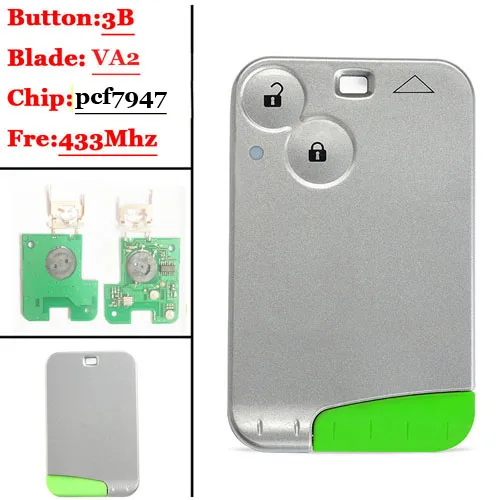 

Big Discout (2pcs/lot ) Excellent Quality Green Blade 2 Button Smart Card For Renault Laguna with pcf7947/7926 Chip 433MHZ