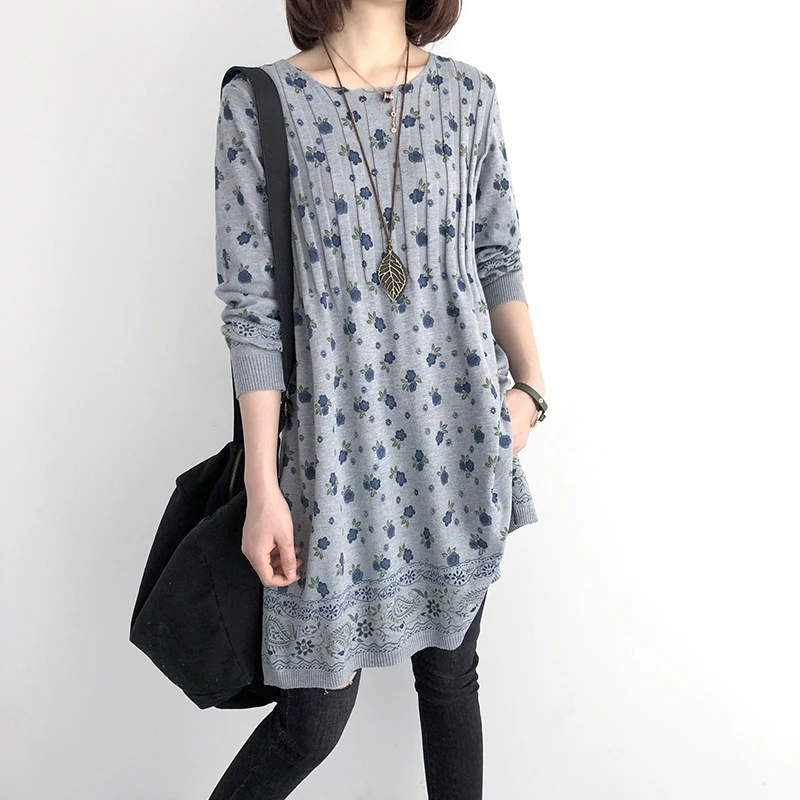 2019 Women Print Floral Cotton Long Shirt Summer Spring Sleeve Vintage Knit Coat Big Size Loose Blouse YoYiKamomo |
