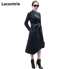 Lacontrie кожа тренчи для женщин пальто будущих мам осень г. для кожаная куртка Мода темперамент тонкий пояс пальто из искусственной кожи Верхняя одежда T086