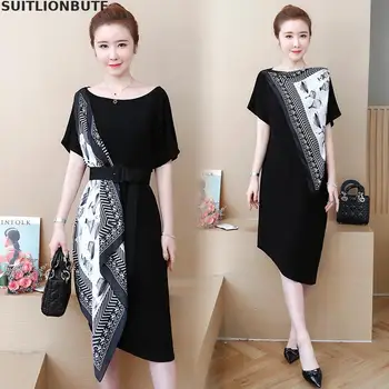 

L-5XL Plus Size Women Summer Dress Scarf Stitching Dress Sashes Two Ways Of Dressing Dresses A-line Vintage Elegant Women dress