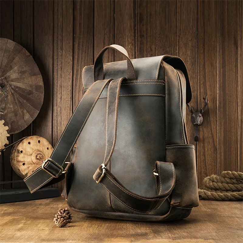 PNDME simple vintage genuine leather men's backpack ladies large rucksack casual crazy horse cowhide daily laptop bookbag