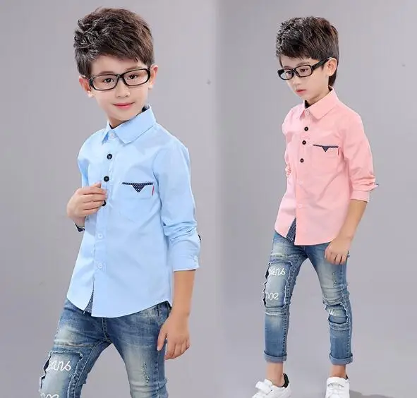 Коллекция года, Осенняя детская одежда рубашки для мальчиков однотонные хлопковые рубашки с длинными рукавами для маленьких мальчиков, повседневные рубашки для больших детей, топы
