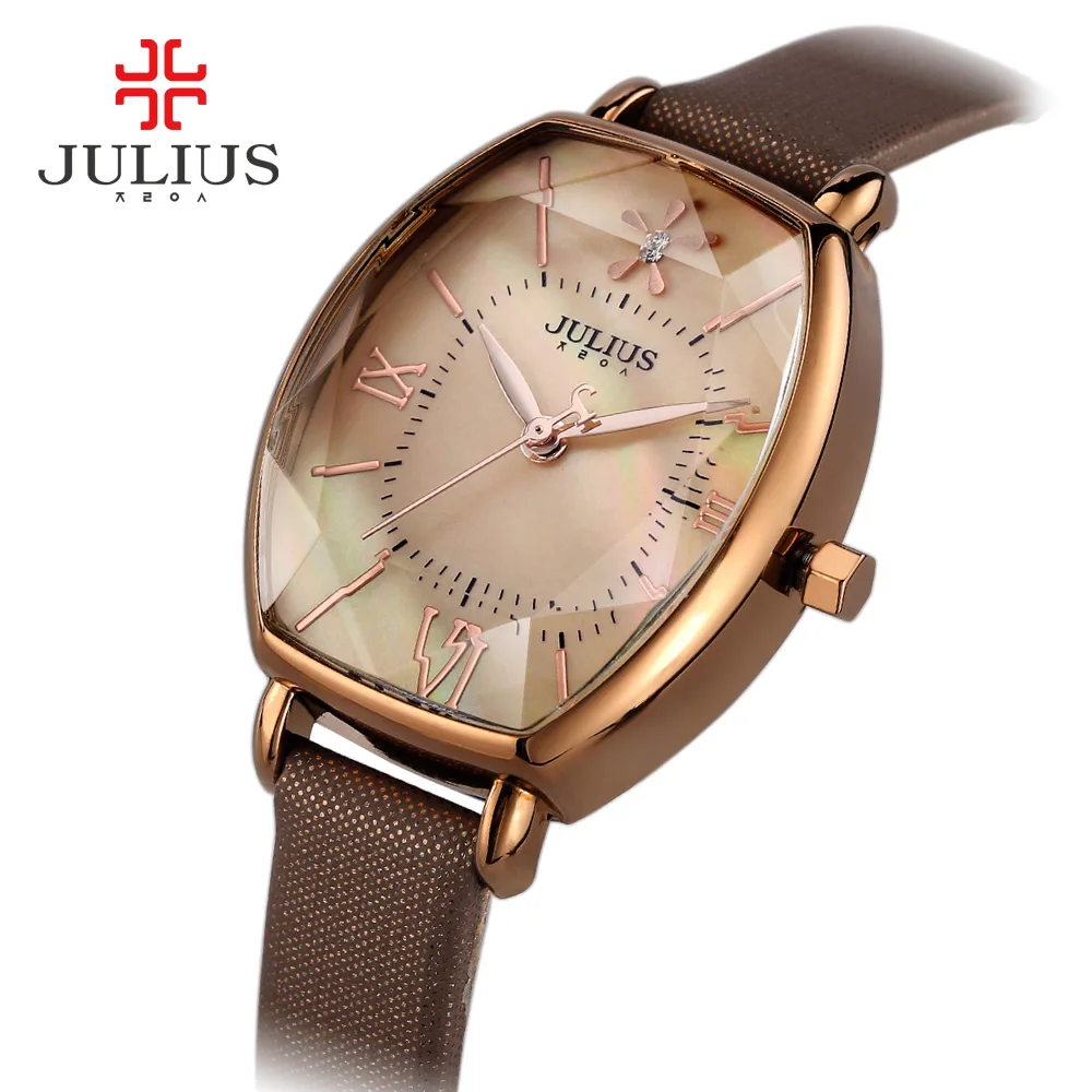 Топ Julius бренд женские часы розовое золото платье леди кожа кварцевые часы девушка часы Творческий Баррель Форма Римский характер