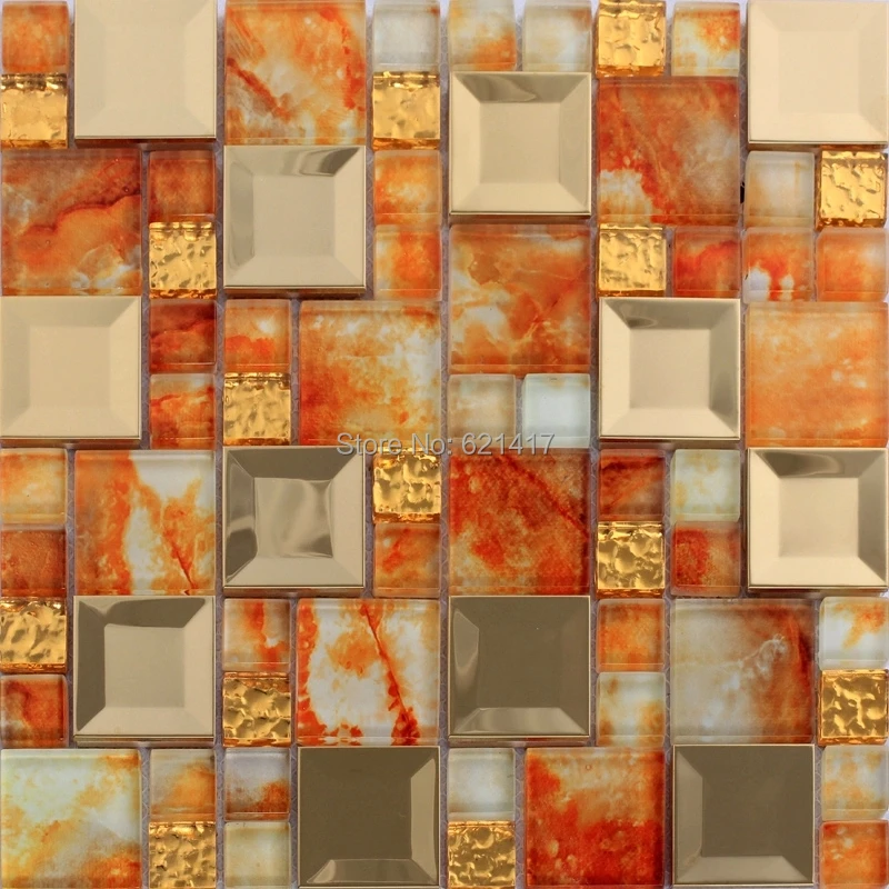 Orange Farbe Glasmosaik Mixed Goldene Edelstahl Fliesen Kuche Backsplash Badezimmer Dusche Fliesen Wand Mosaik Fliesen Tiles Kitchen Tiles Wallkitchen Wall Tile Aliexpress