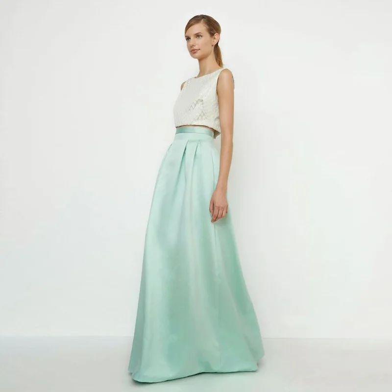 

Mint Green Floor Length Classic Satin Women Skirt Zipper Ribbon Wasit High Fashion Custom Made Size Longo Saia Causal Formal