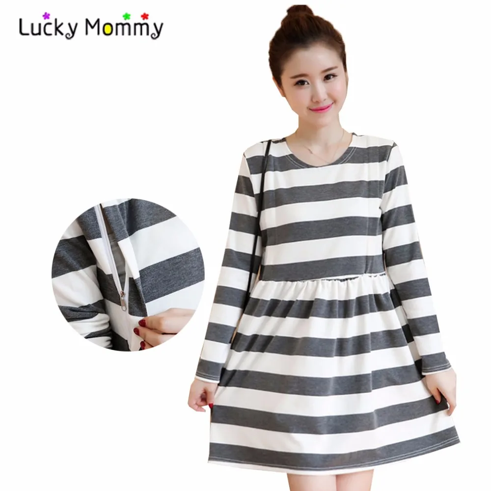 

Light Gray Stripe Nursing Dress for Feeding Plus Size Women's Clothing for Feeding Breast Feeding Clothes Fall Maternity Dresses