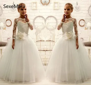 

White Ivory Lace Pearls Flower Girls Dresses Ball Gown Ankle Length Girls First Communion Dress Princess Birthday Gown