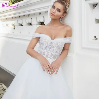 

Detmgel Vestiodos de Noiva Sweep Train Appliques A-Line Wedding Dresses 2020 Sexy Boat Neck Beaded Princess Bride Gown Plus Size