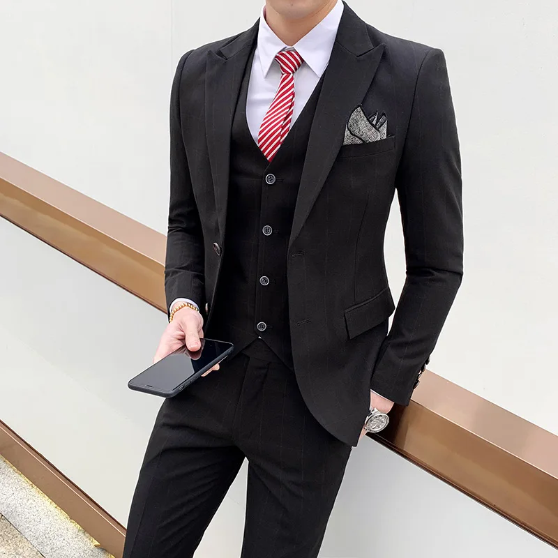 Куртка+ жилет+ брюки) мужской весенне-летний тонкий костюм мужской клетчатый Модный деловой повседневный костюм three-кусок костюм