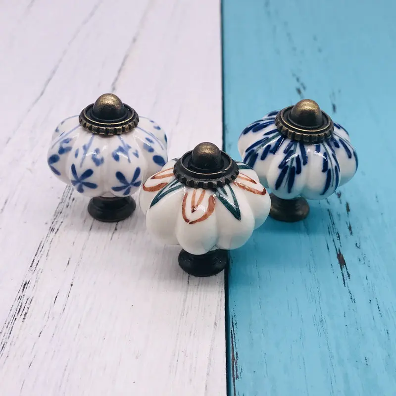 Vintage Shabby Chic Knobs White And Blue Floral Hand Painted Ceramic