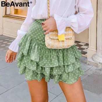 

BeAvant Bohemian dot print summer skirt women High waist ruffled a-line female mini skirts Holiday beach ladies short skirts