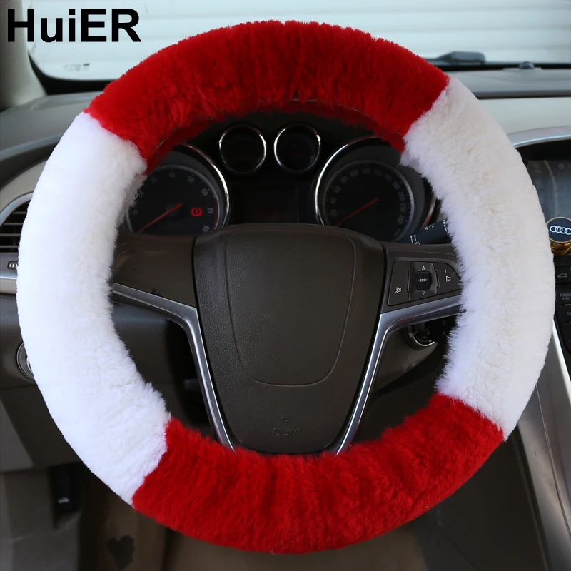 HuiER Winter Car Steering wheel Cover Australian Wool Plush Genuine