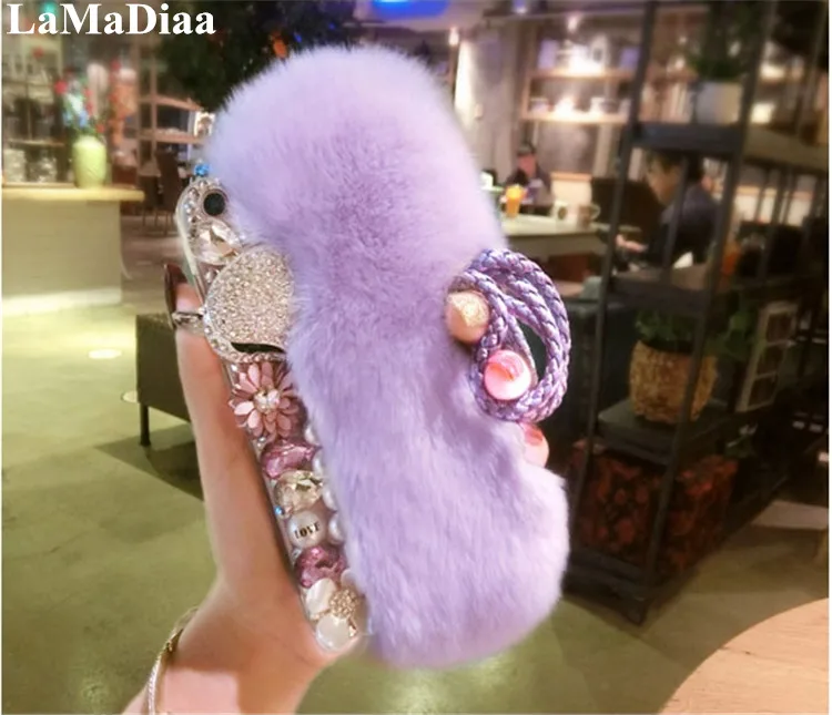 

Rabbit Fur Hair Plush Case For iPhone11 Pro MAX 8 7 6 6S Plus X XR Xs Max Luxury Bling Rhinestone Diamond Flower Fox Back Cover