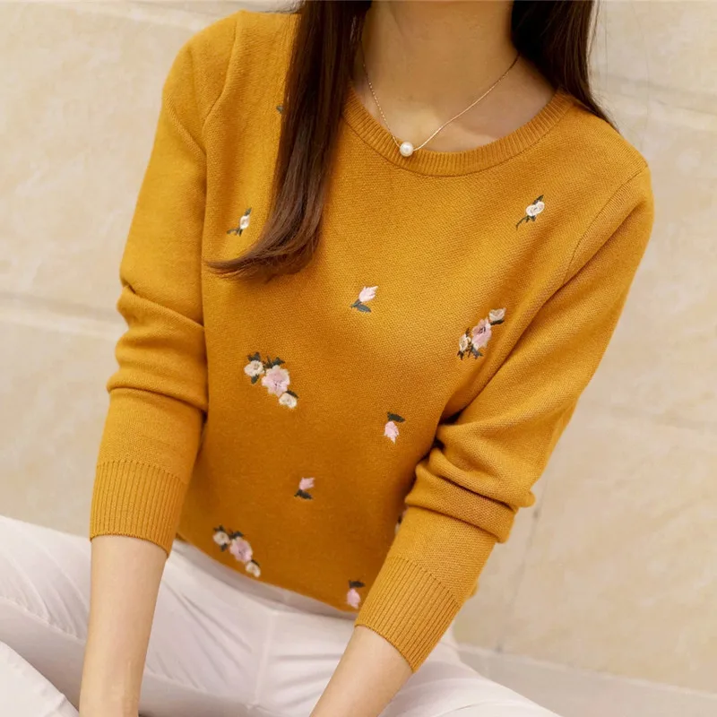S-3XL New Youth Women's Sweater Autumn Winter 2019 Fashion Elegant Peach Embroidery Slim Girl's Knitted Pullover Tops Female