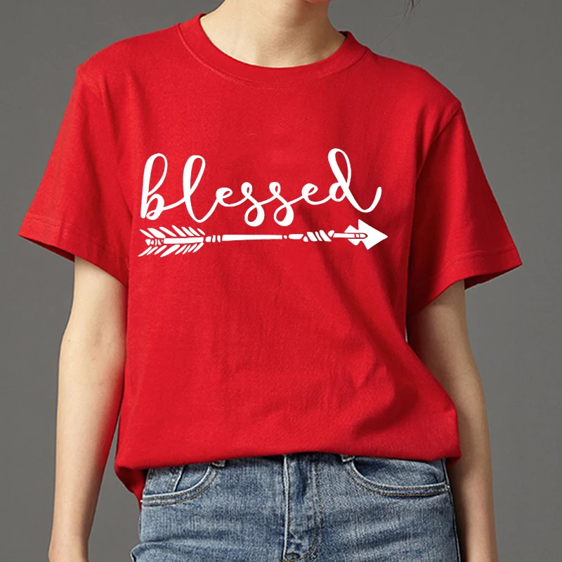 

Beauty Fashion Women Short Sleeve T Shirt Blessed Arrow Letter Printed Female Shirt 2018 New Casual O-Neck Soft Tumblr Tees Tops