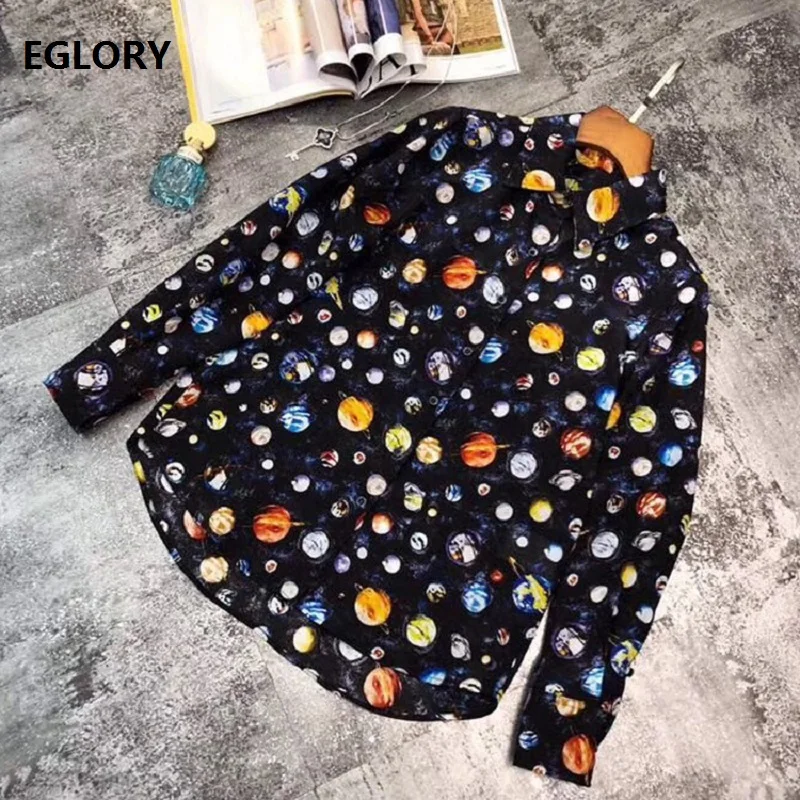

Top Quality Women's Blouse 2019 Spring Summer Runway Shirts Ladies Fashion Star Moon Print Long Sleeve Casual Blouse 100%Silk