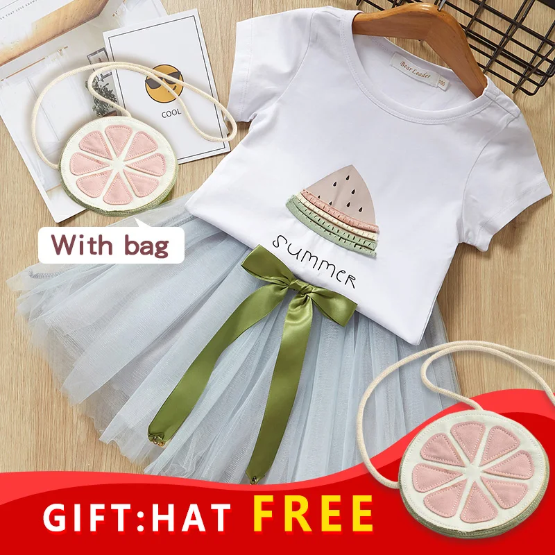 

Girls Clothing Sets New Summer Style Watermelon Print White Short Sleeve T-Shirt +Short skirt 2Pcs Suit Brand Clothes Dress
