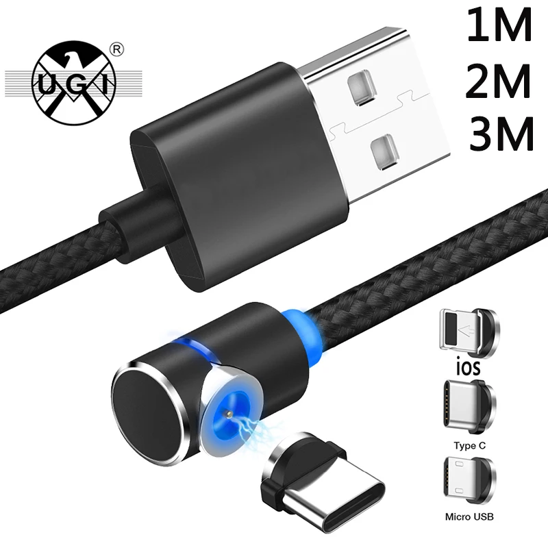 UGI 1 м 2 м 3 м 90 градусов L Тип Магнитный кабель usb Тип C/Micro USB/IOS нейлоновая оплетка светодиодный индикатор type-C кабель для USB C устройств