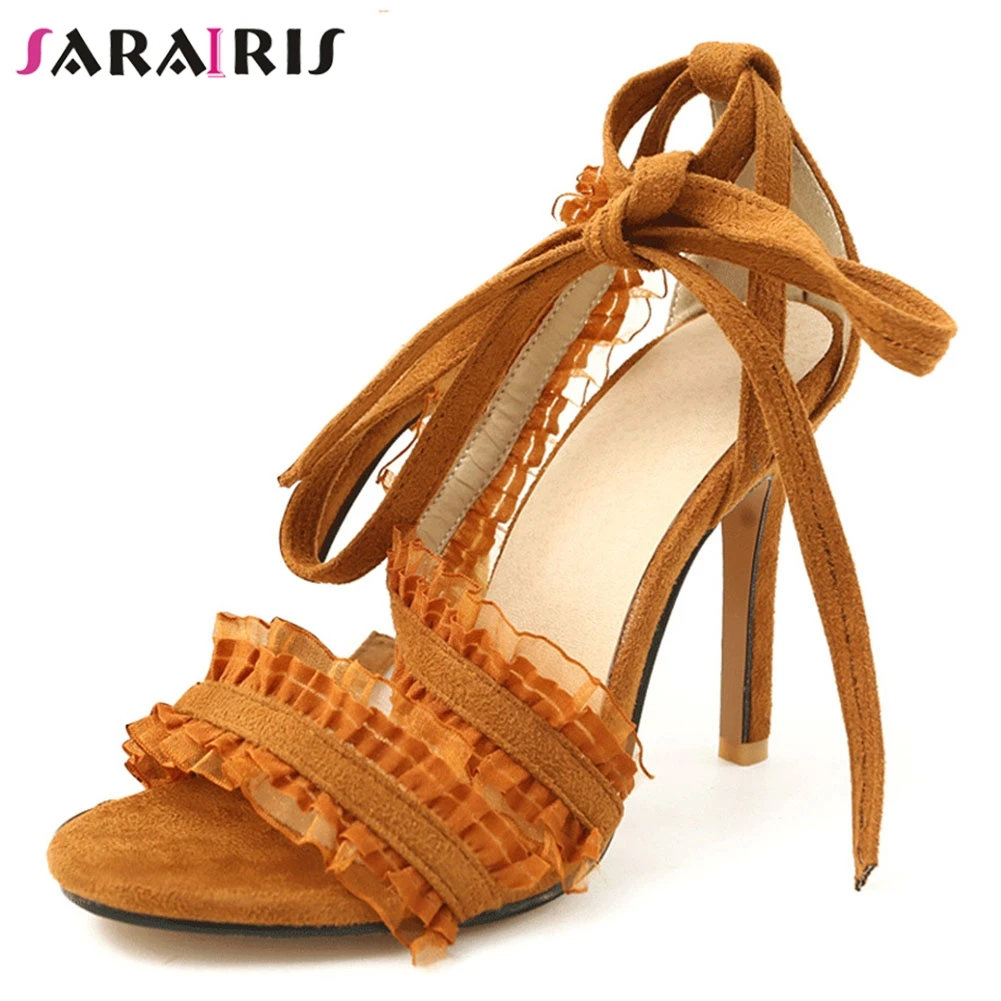 

SARAIRIS Fashion Women Shoes Big Size 32-43 Ankle-Wrap High Heels Gladiator Sweet Ruffles Party Summer Sandals