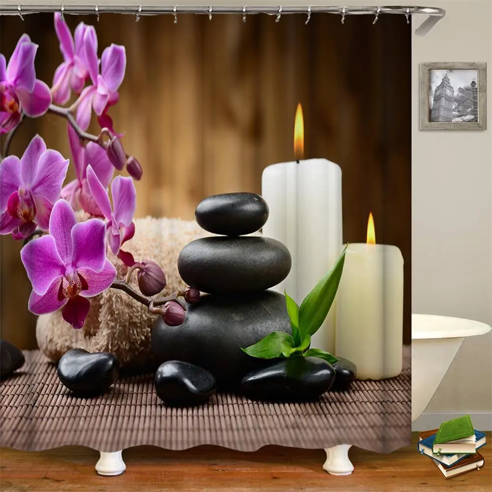 

Spa Decor Shower Curtain Zen Stones Aromatic Candles and Orchids Blooms Print Bathroom Accessories Shower Curtain For Bathroom