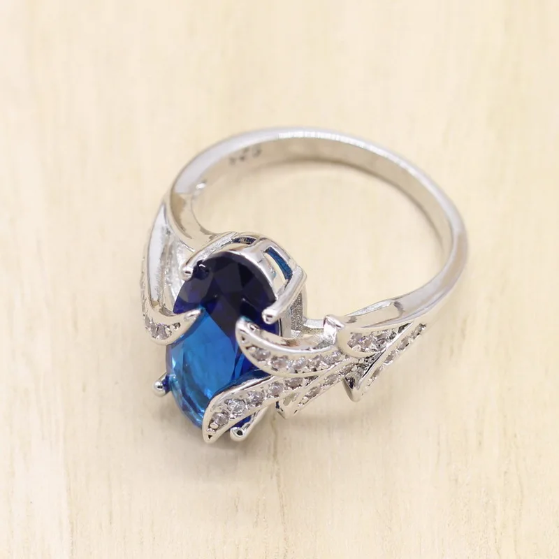 925 стерлингового серебра ювелирные наборы для женщин Королевский голубой кристалл серьги подвеска ожерелье кольцо наборы для подарка