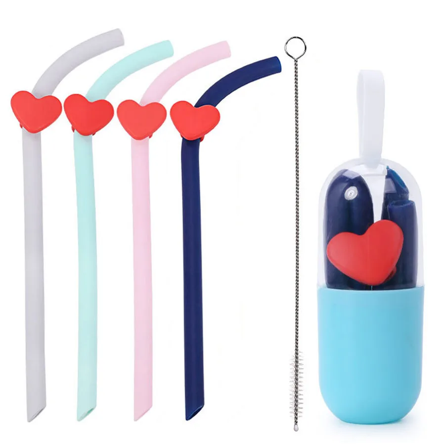 

Collapsible Straw Silicone Curved Reusable Folding Bent Straw with Carrying Case and Cleaning Brush for Travel, Home, Office