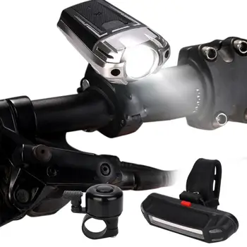 

USB Rechargeable LED Bicycle Bright Bike Front Headlight and Rear Tail Light Set Bike Bell Horn 4 Lighting modes COB Bulbs P60