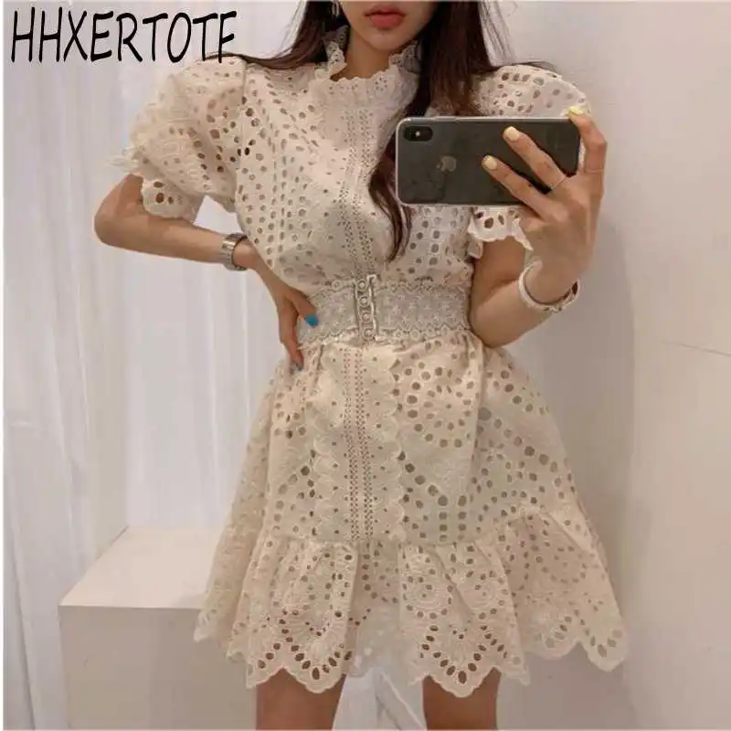 

2019 New Fashion Summer puff sleeve Lace Dress women Hollow Out High Waist Korea Dresses Free belt