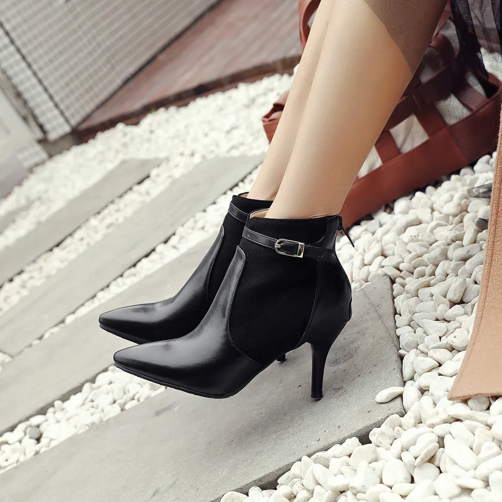 

Women's Back Zip Ladies Boot Pointed Stiletto Shoes Boots Belt Buckle Bare Boots scarpe donna eleganti #L4