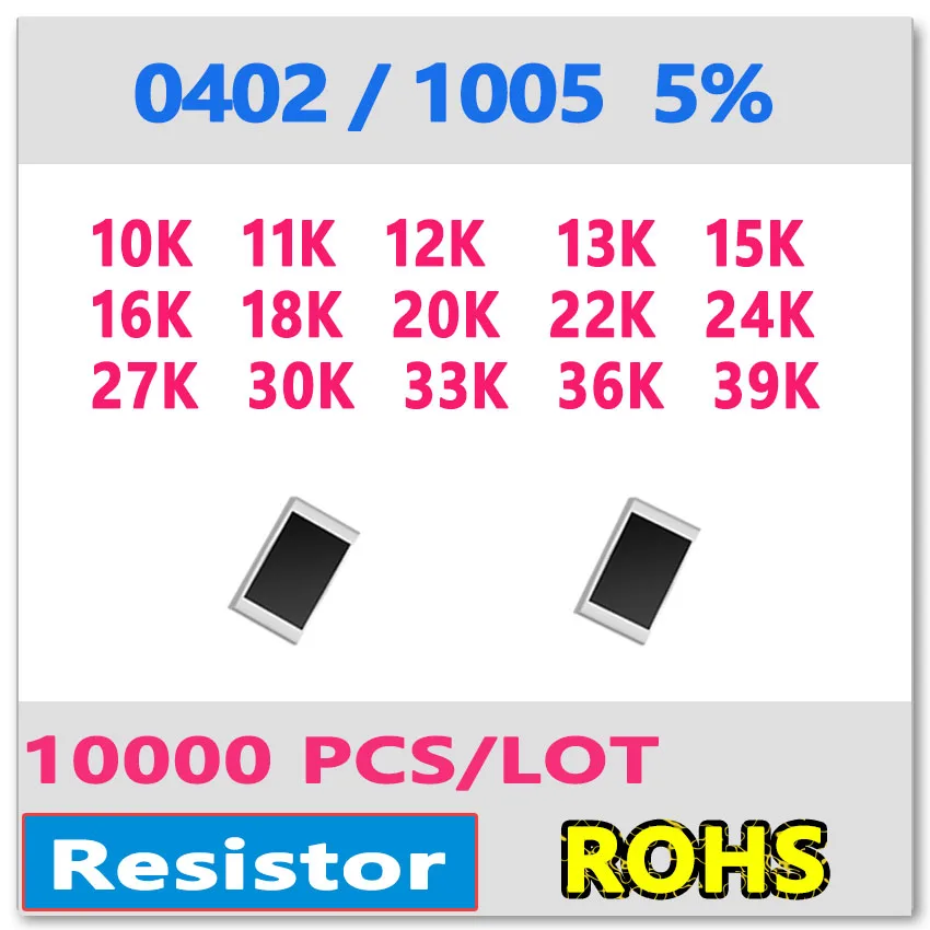 JASNPROSMA 0402 J 5% 10000 шт 10K 11K 12K 13K 15K 16K 18K 20K 22K 24K 27K 30K 33K 36K 39Ksmd 1005 103 113 123 133 Ом резистор |