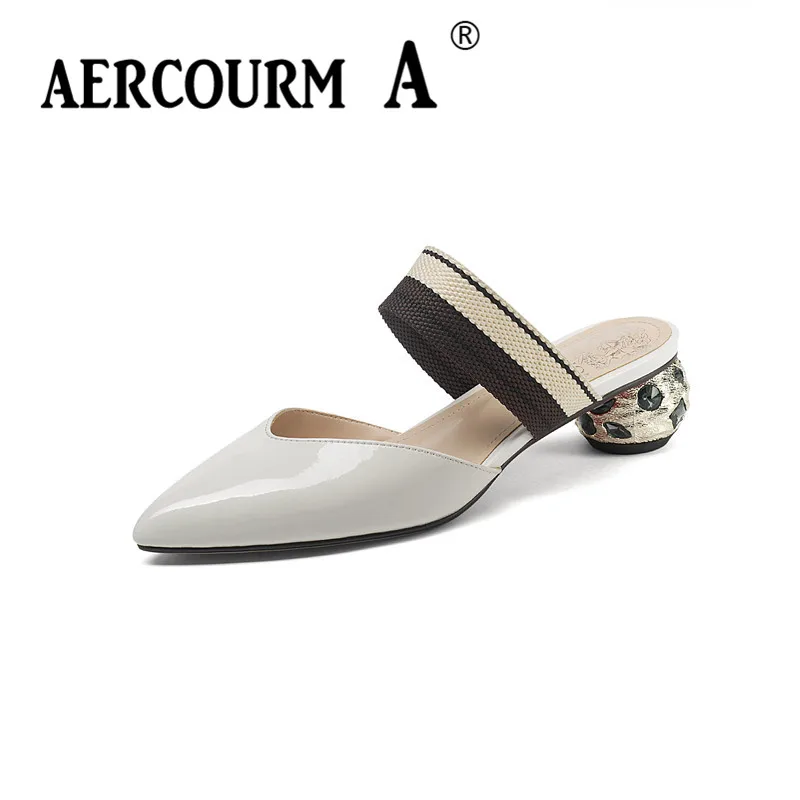

Aercourm A Women Brown Beige Slippers Low Square Heel Sandals Summer Shoes 2018 Nwe Lady Solid Shoes Pointed Toe Summer Slippers