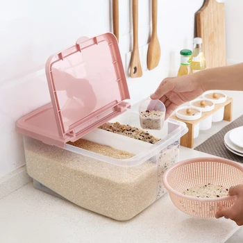 

2 Grids Kitchen Food Storage Box Plastic Grain Rice Cereal Bean Organizer Container Box 12KG Food Sealed Crisper With Wheels