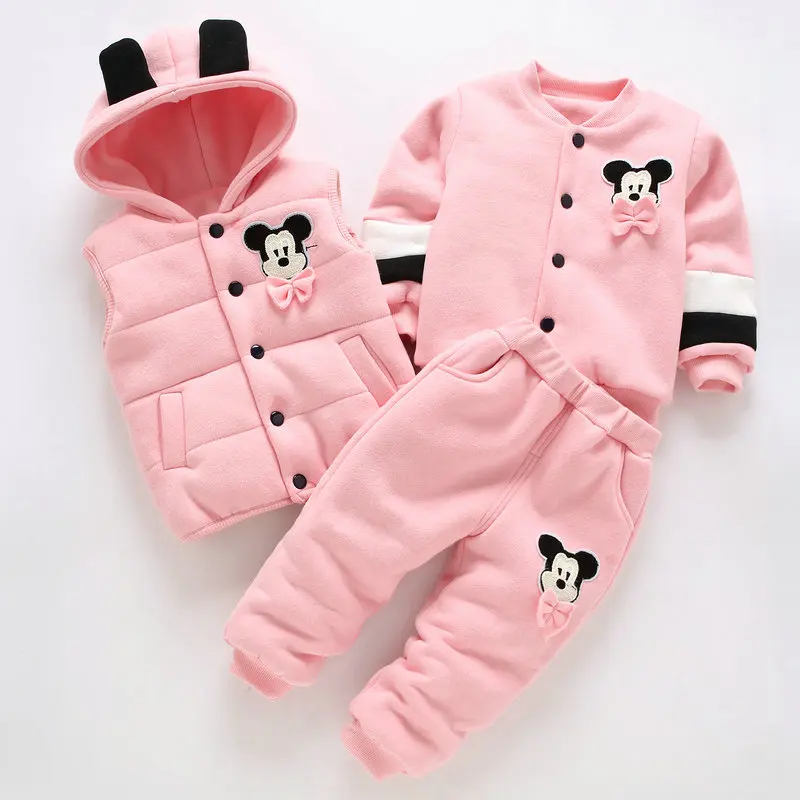 Online Caliente 3 uds 2018 Bebé Ropa Infantil para invierno conjunto recién nacido grueso de algodón acolchado ropa para niños niñas 0 3 y chaleco con capucha abrigo Pantalones