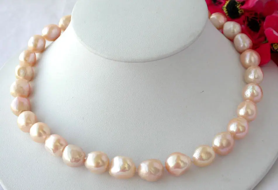 

fast 17" 14mm baroque pink freshwater pearl necklace 925silver