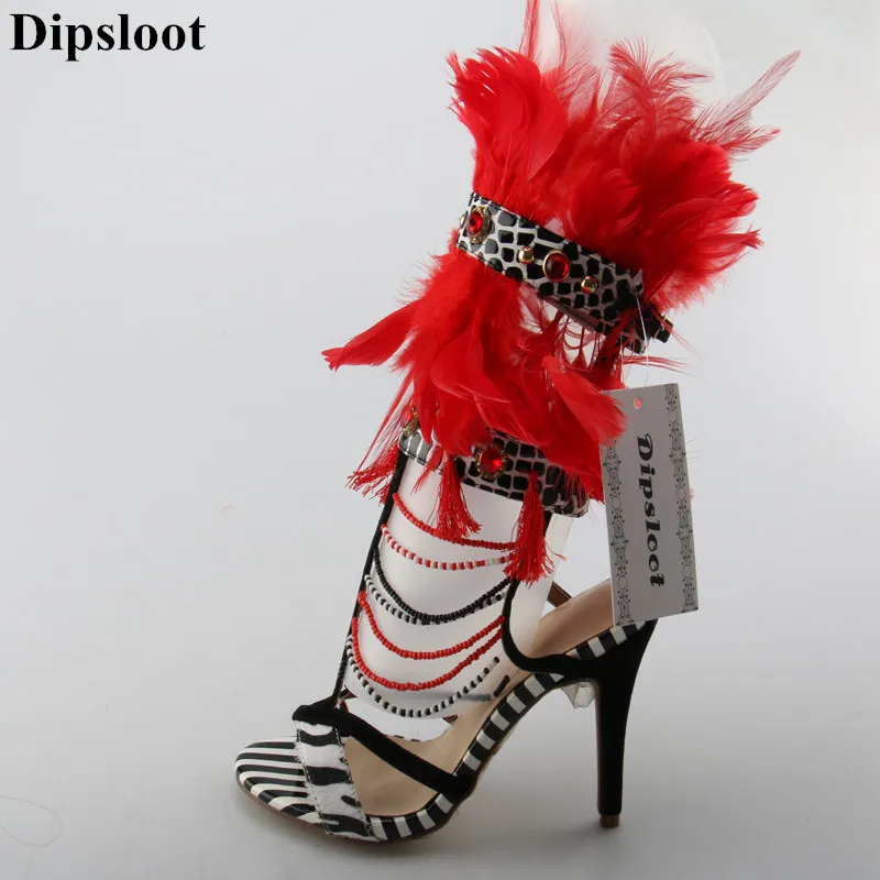 

Dipsloot Mutil Color Feathers Embellished High Heels Dress Party Runway Shoes Woman Buckle Strap Summer Gladiator Sandals Boots