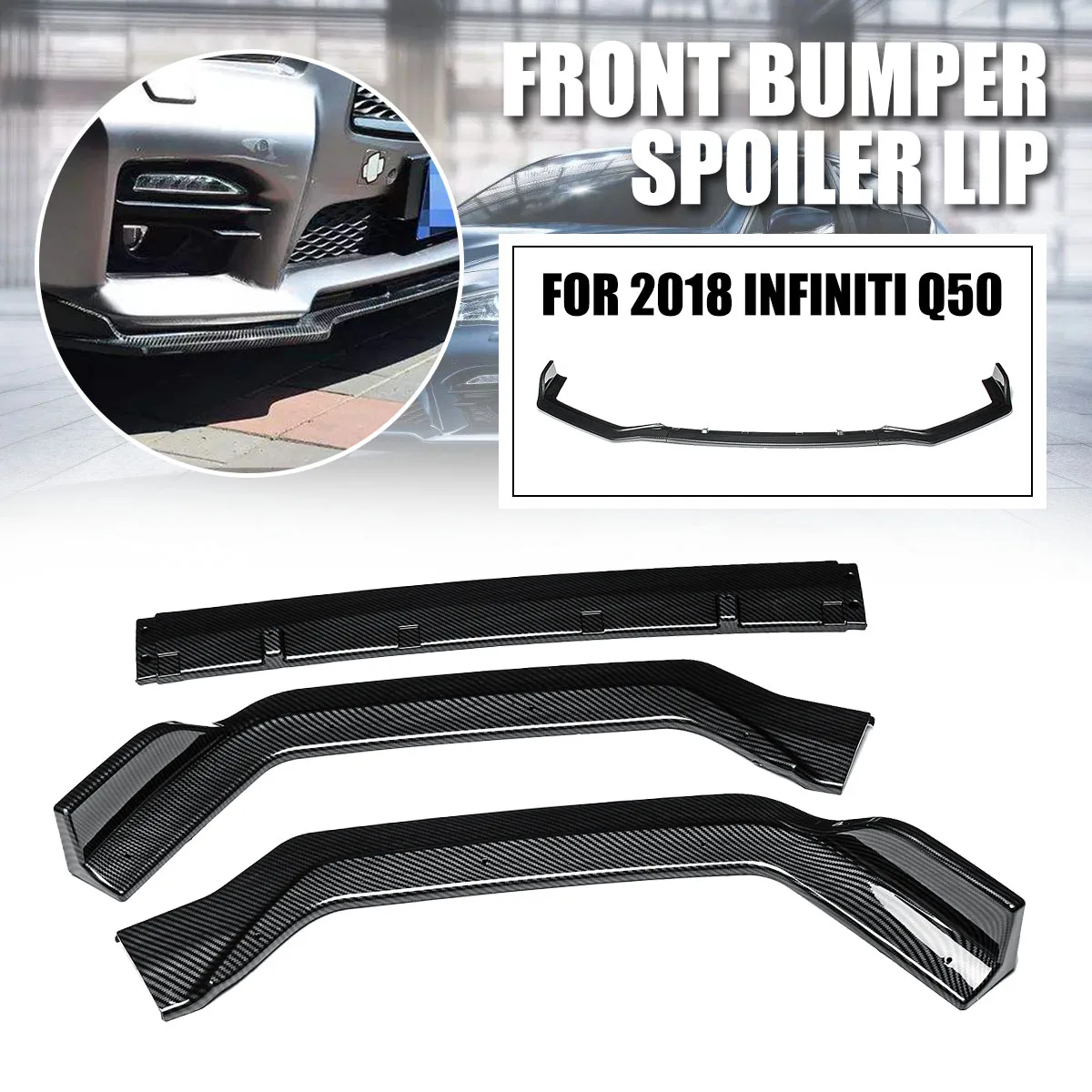 

3PCS Carbon Fiber Pattern Car Front Bumper Splitter Lip Body Kit Spoiler Diffuser Lip For INFINITI Q50 Sport Model 2018