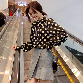 

Spring 2 Piece Set Women Full Lantern Sleeve Polka Dot Bow Collar Tops Above Knee Mini Skirts Casual Women Sets Clothes