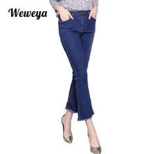 Weweya эластичные синие женские джинсы клёш длиной до щиколотки стрейч расклешенные джинсы для девочек штаны женские джинсы Большие размеры