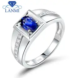 Благородный овал 4x6 мм натуральный синий сапфир кольцо для Для мужчин в твердой 18kt белого золота обручальное кольцо, 750 белое золото кольцо
