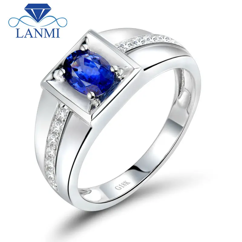 Noble Oval 4X6mm Natural Blue Sapphire Ring For Men In Solid 18Kt White Gold Wedding Ring,750 White Gold Diamond Ring WU292