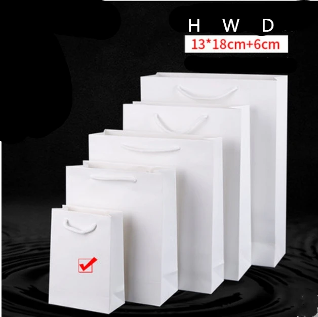50X опциональный изготовленный на заказ логотип напечатанный толстый шершавый белый бумажный пакет 250 граммов картонные бумажные хозяйственные сумки с веревкой - Цвет: 13x18x6cm