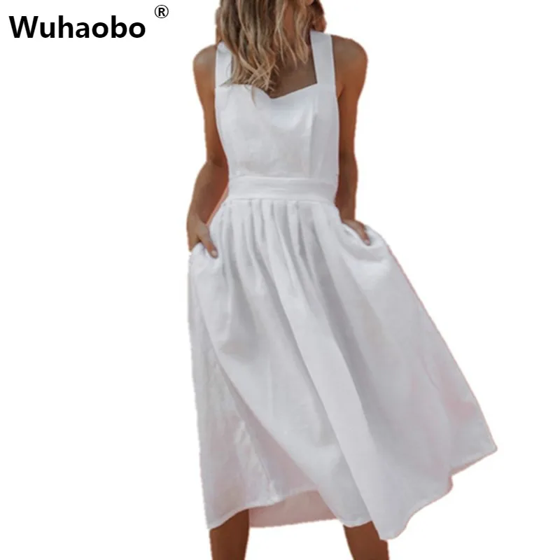 

Wuhaobo Sundress Sexy Backless Criss Cross Pleated Midi Dress Women Sleeveless Bow Tie Up Beach Party Dress Casual Summer Dress