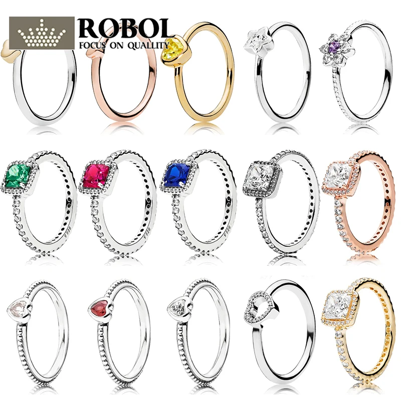 

ROBOL Original 100% 925 Sterling Silver Rings Engraved LOGO Flower Round With Clear Cubic Zirconia Shiny Leaves Sterling Rings