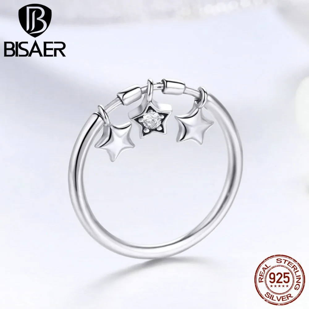 

BISAER 925 Sterling Silver Ring Luminous Star Dangle Finger Rings for Women Wedding Sterling Silver Jewelry Anel S925 ECR406