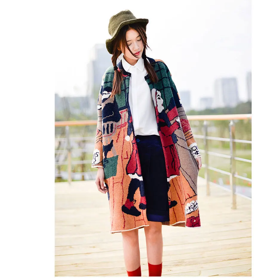 Women Sweater Cardigan Long Sleeve Cartoon Pattern