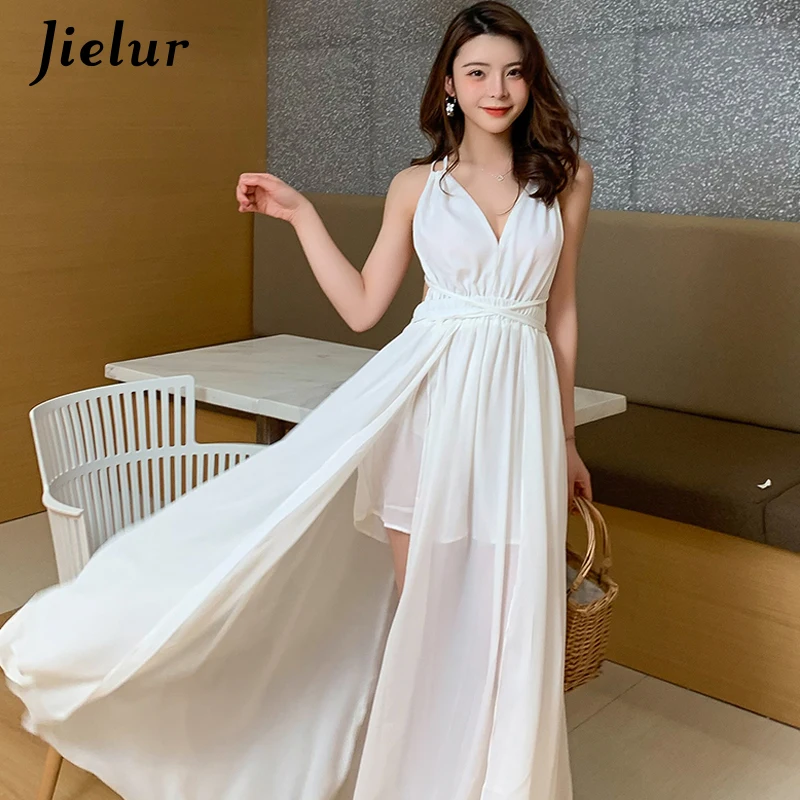 

Jielur Hollow Lace-up Chiffon Women Dress Summer 2019 Sexy Deep V Neck High Waist Femme Dress Black White Pink Mujer Vestidos