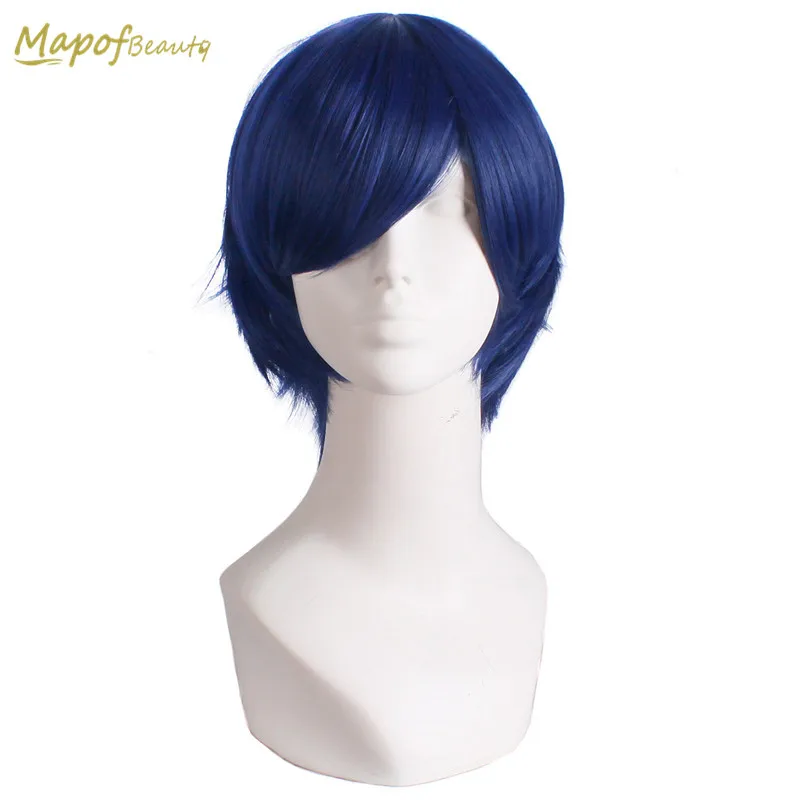 

Short Curly Cosplay wigs Mixed Dark Black Blue Costome Party Rrole Heat Resistant Natural Fake Hair Synthetic Fiber MapofBeauty