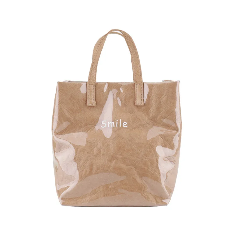 

Kraft Paper Bag Letter Print Transparent Shoulder Bag Women Simple Waterproof Handbag Clear PVC Summer Beach Handbags Bolsos