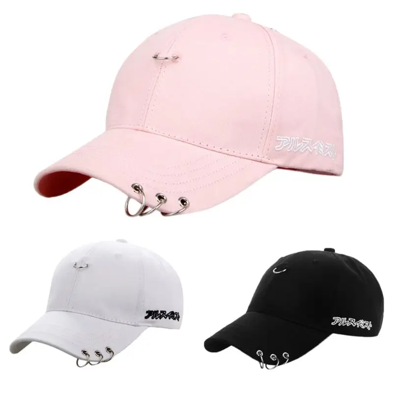 

Unisex Hip-Hop Cotton Baseball Cap Kpop G Dragon Japanese Characters Embroidered Metal Ring Paper Clip Adjustable Snapback Hat