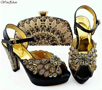 

Newest Italian Shoes with Matching Bags Black 2019 African Shoes and Bag Set Decorated with Rhinestone shoes WENZHAN B94-5